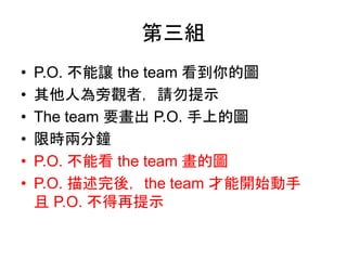 第三組
• P.O. 不能讓 the team 看到你的圖
• 其他人為旁觀者，請勿提示
• The team 要畫出 P.O. 手上的圖
• 限時兩分鐘
• P.O. 不能看 the team 畫的圖
• P.O. 描述完後，the team 才能開始動手
且 P.O. 不得再提示
 