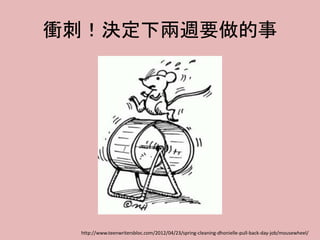 衝刺！決定下兩週要做的事
http://www.teenwritersbloc.com/2012/04/23/spring-cleaning-dhonielle-pull-back-day-job/mousewheel/
 
