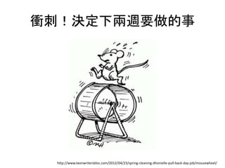 衝刺！決定下兩週要做的事
http://www.teenwritersbloc.com/2012/04/23/spring-cleaning-dhonielle-pull-back-day-job/mousewheel/
 