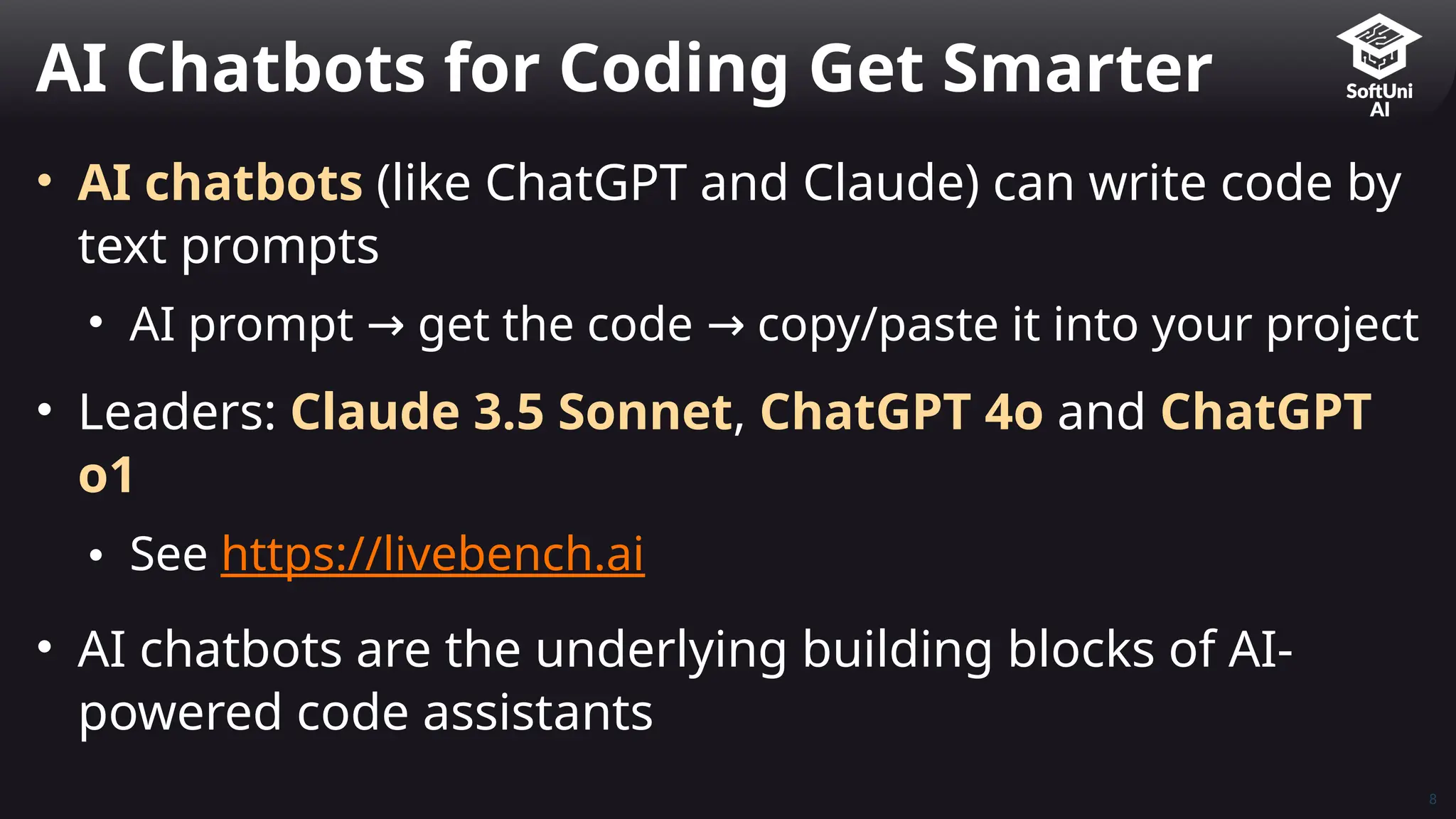 8
• AI chatbots (like ChatGPT and Claude) can write code by
text prompts
• AI prompt get the code copy/paste it into your project
→ →
• Leaders: Claude 3.5 Sonnet, ChatGPT 4o and ChatGPT
o1
• See https://livebench.ai
• AI chatbots are the underlying building blocks of AI-
powered code assistants
AI Chatbots for Coding Get Smarter
 