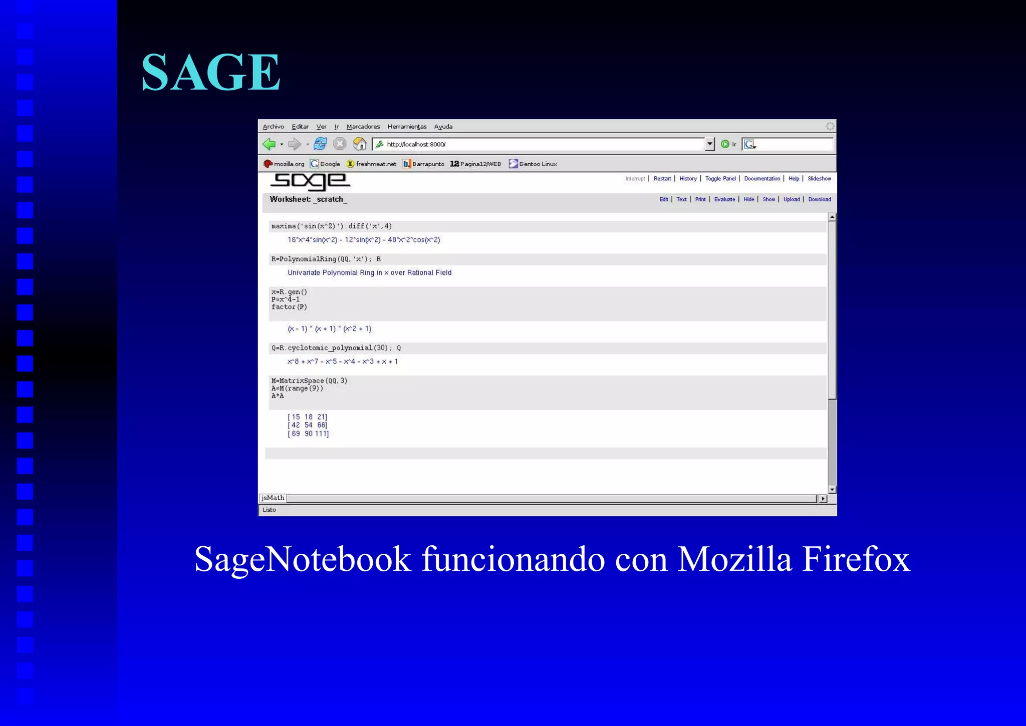 SAGE




 SageNotebook funcionando con Mozilla Firefox
 