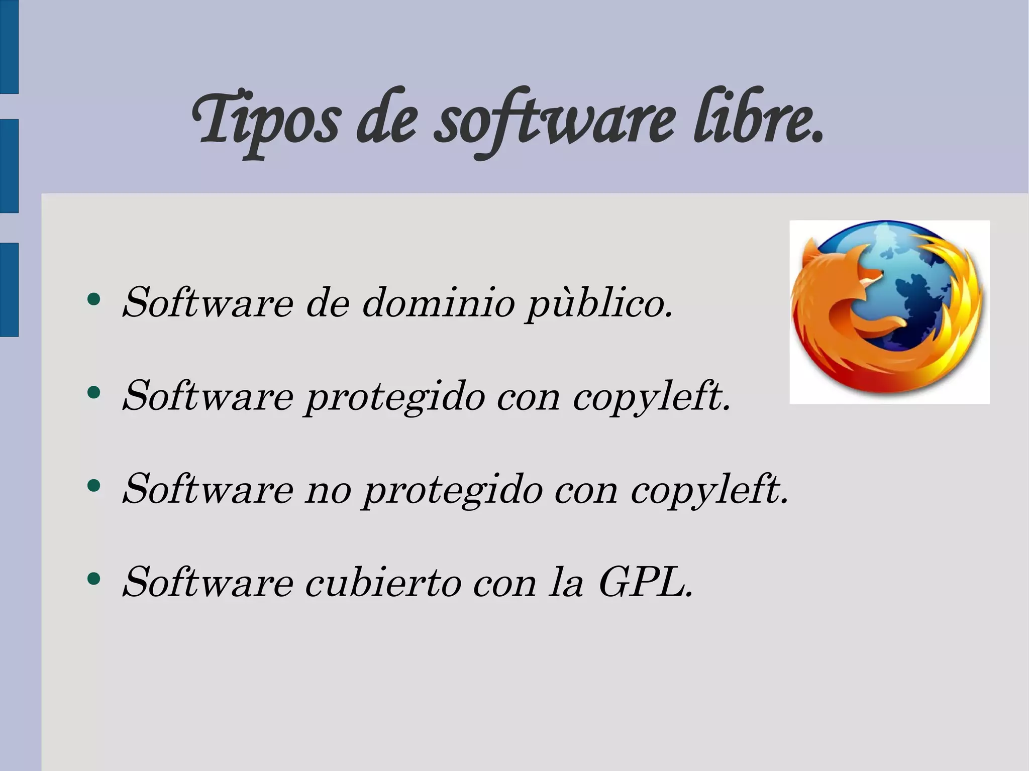 Tipos de software libre. Software de dominio pùblico. Software protegido con copyleft. Software no protegido con copyleft. Software cubierto con la GPL.