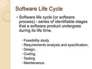 Software Life Cycle
   Software life cycle (or software
    process) - series of identifiable stages
    that a software product undergoes
    during its life time.

      Feasibility study
      Requirements analysis and specification,
      Design,
      Coding,
      Testing
      Maintenance.
 