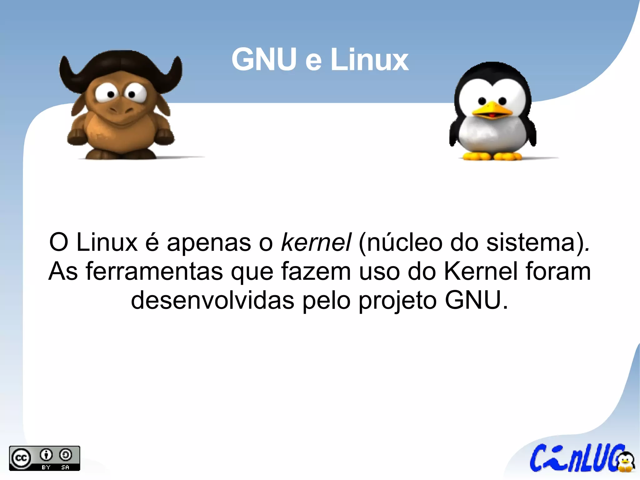 GNU e Linux O Linux é apenas o  kernel  (núcleo do sistema) .  As ferramentas que fazem uso do Kernel foram desenvolvidas pelo projeto GNU. 