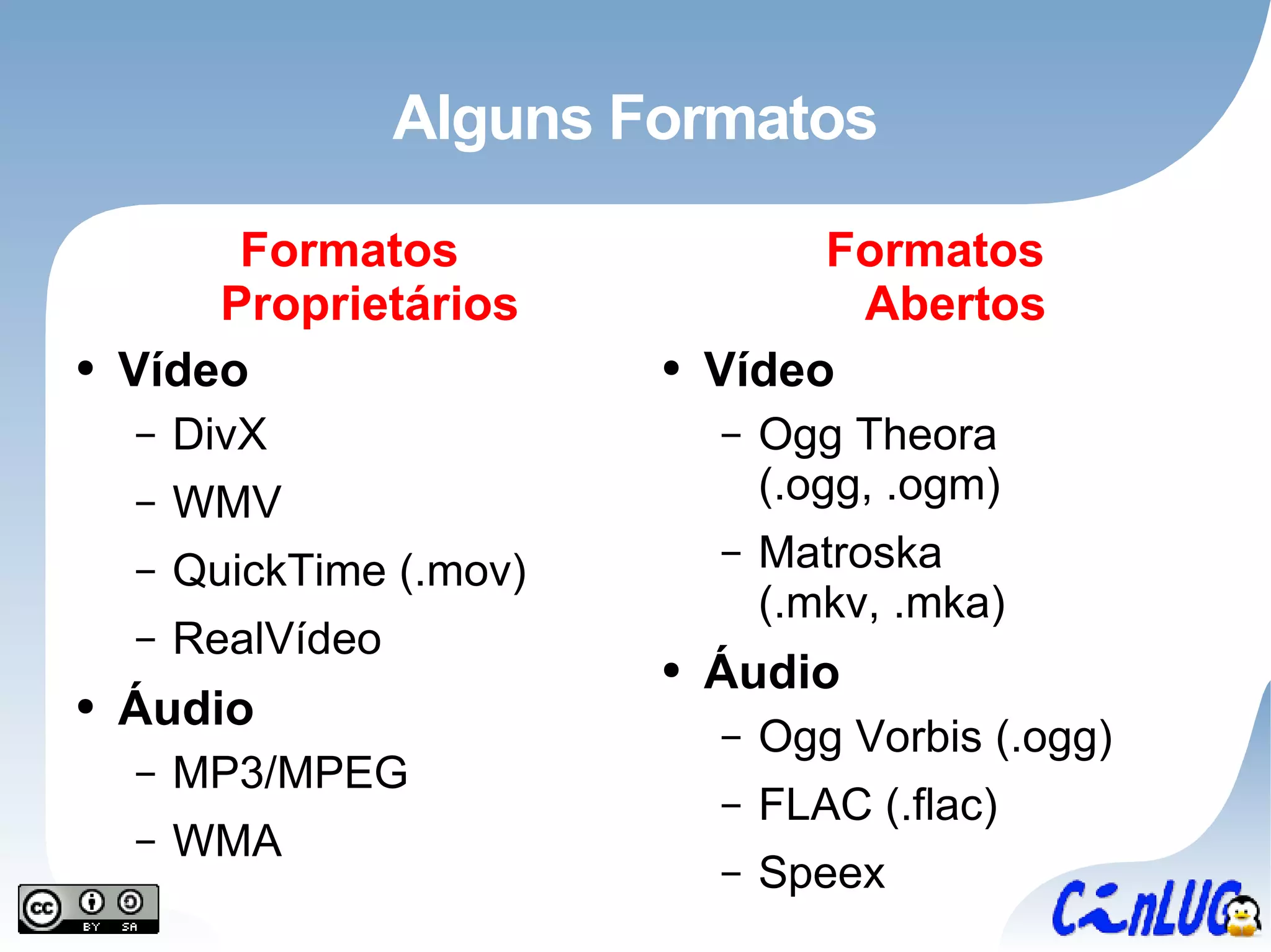 Alguns Formatos Formatos Proprietários Vídeo DivX WMV QuickTime (.mov) RealVídeo Áudio MP3/MPEG WMA Formatos Abertos Vídeo Ogg Theora (.ogg, .ogm) Matroska (.mkv, .mka) Áudio Ogg Vorbis (.ogg) FLAC (.flac) Speex 