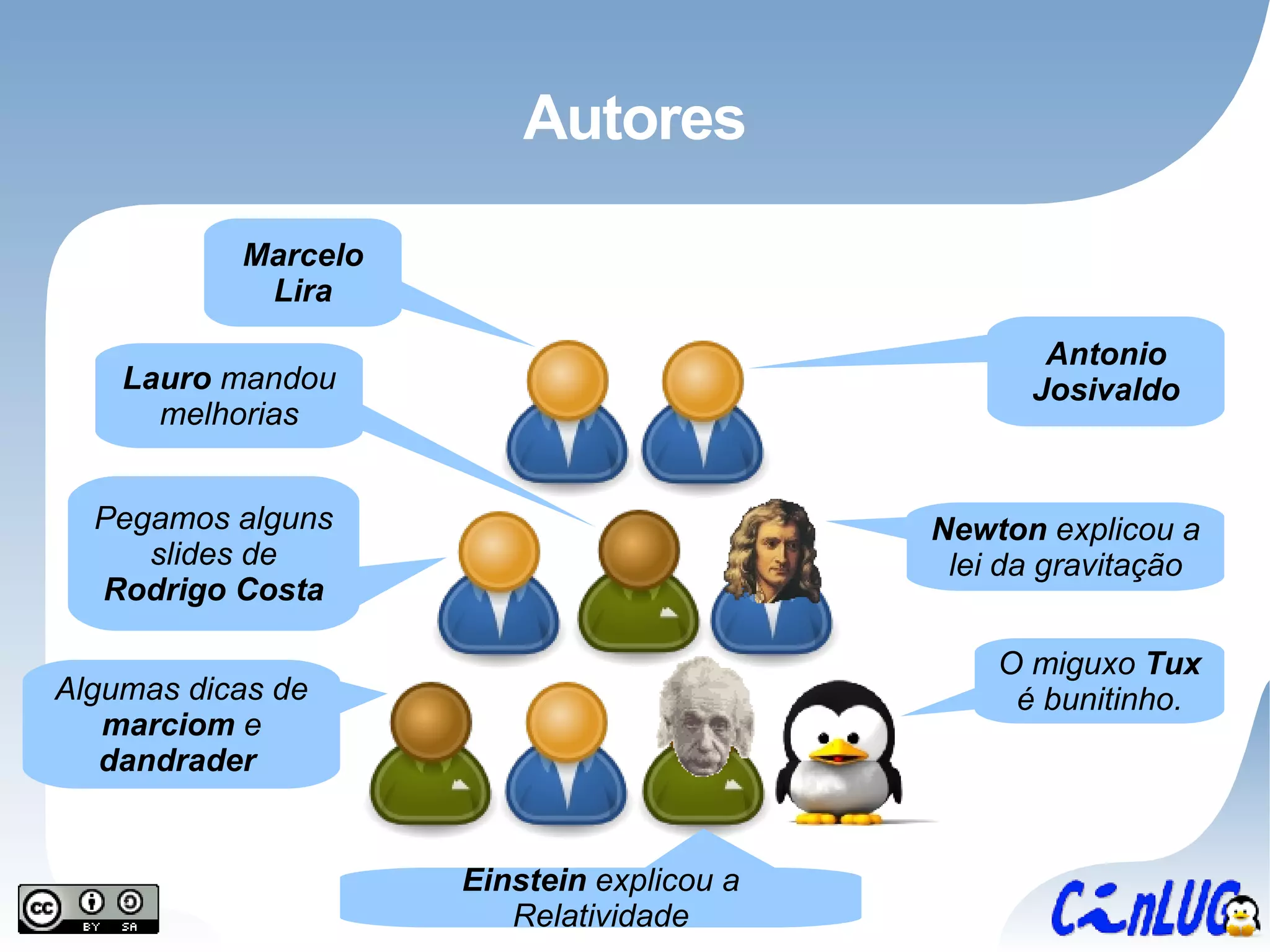 Autores Antonio Josivaldo Marcelo Lira Pegamos alguns slides de Rodrigo Costa Algumas dicas de marciom  e  dandrader  Newton  explicou a lei da gravitação O miguxo  Tux  é bunitinho. Einstein  explicou a Relatividade Lauro  mandou melhorias 
