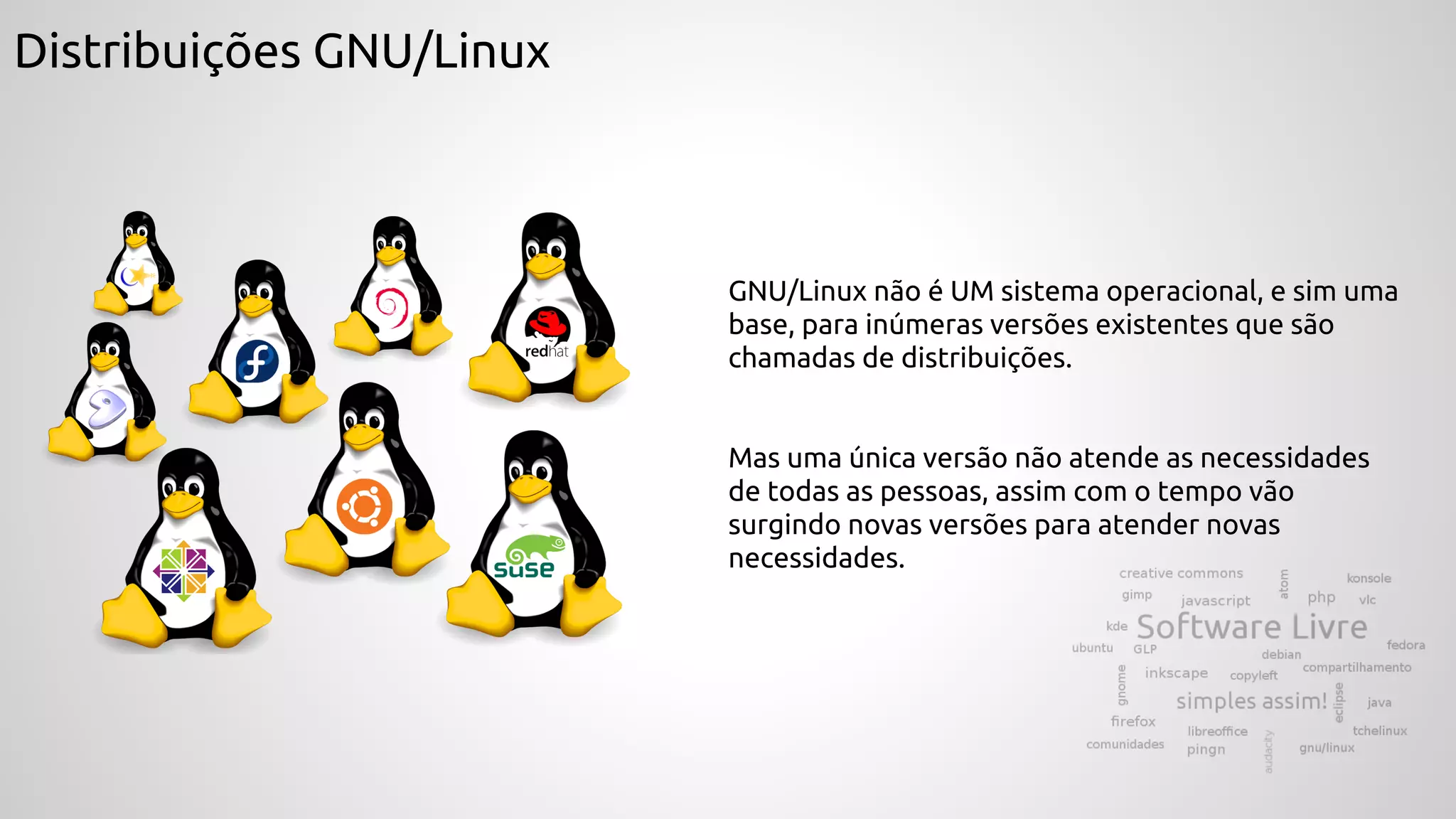 Distribuições GNU/Linux
GNU/Linux não é UM sistema operacional, e sim uma
base, para inúmeras versões existentes que são
chamadas de distribuições.
Mas uma única versão não atende as necessidades
de todas as pessoas, assim com o tempo vão
surgindo novas versões para atender novas
necessidades.
 