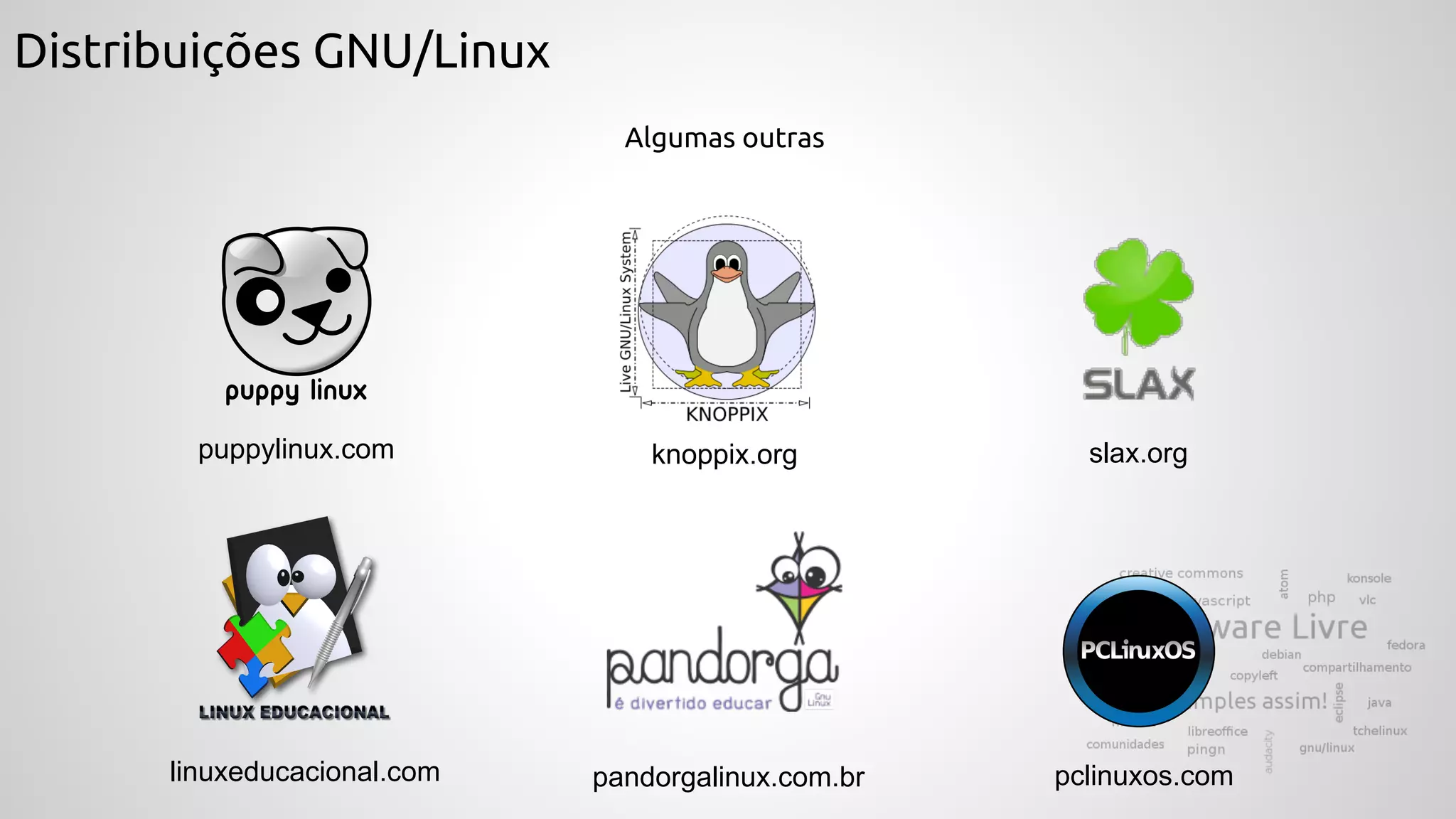 Distribuições GNU/Linux
Algumas outras
slax.orgpuppylinux.com knoppix.org
pclinuxos.compandorgalinux.com.brlinuxeducacional.com
 