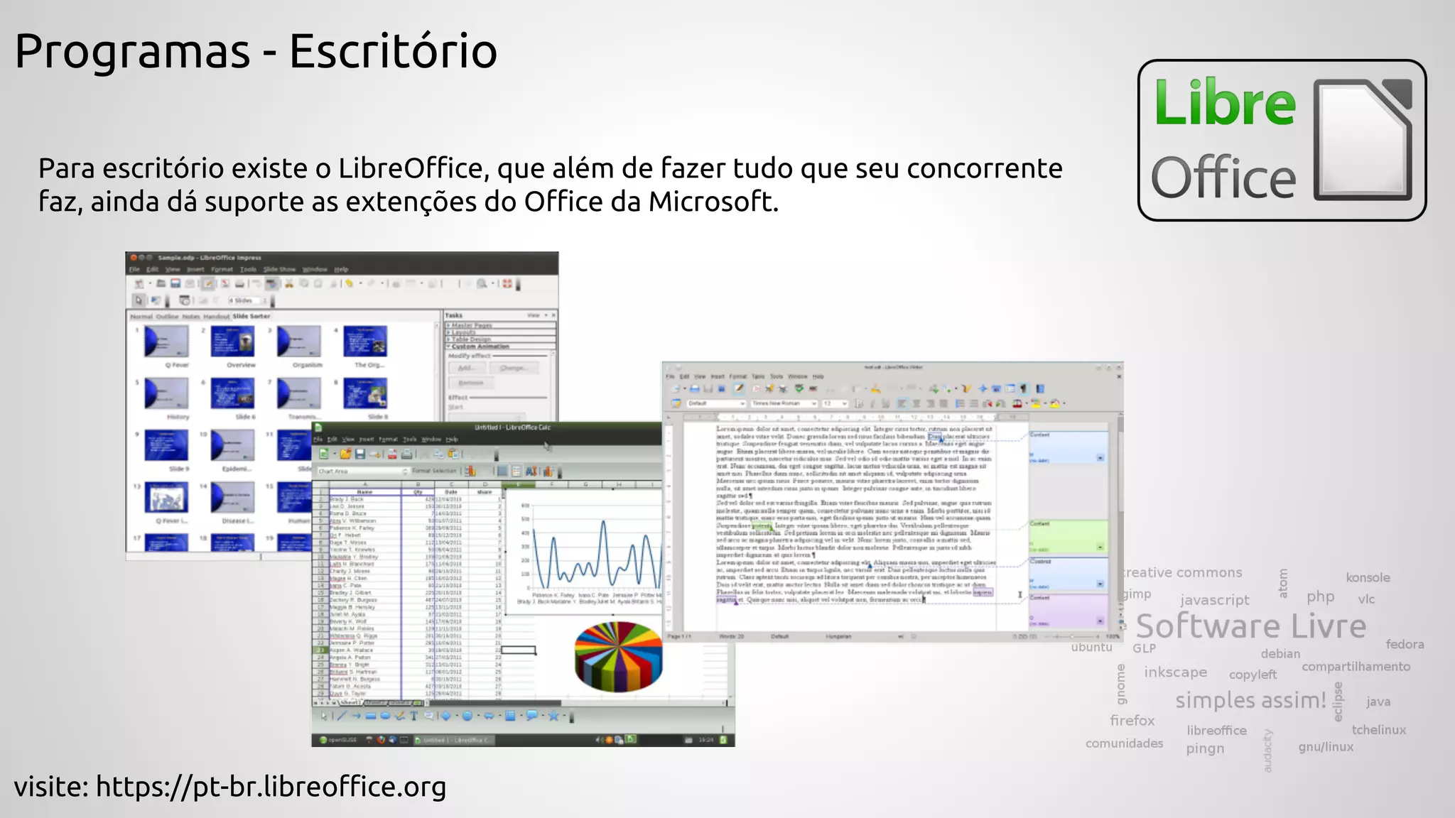 Programas - Escritório
Para escritório existe o LibreOffice, que além de fazer tudo que seu concorrente
faz, ainda dá suporte as extenções do Office da Microsoft.
visite: https://pt-br.libreoffice.org
 