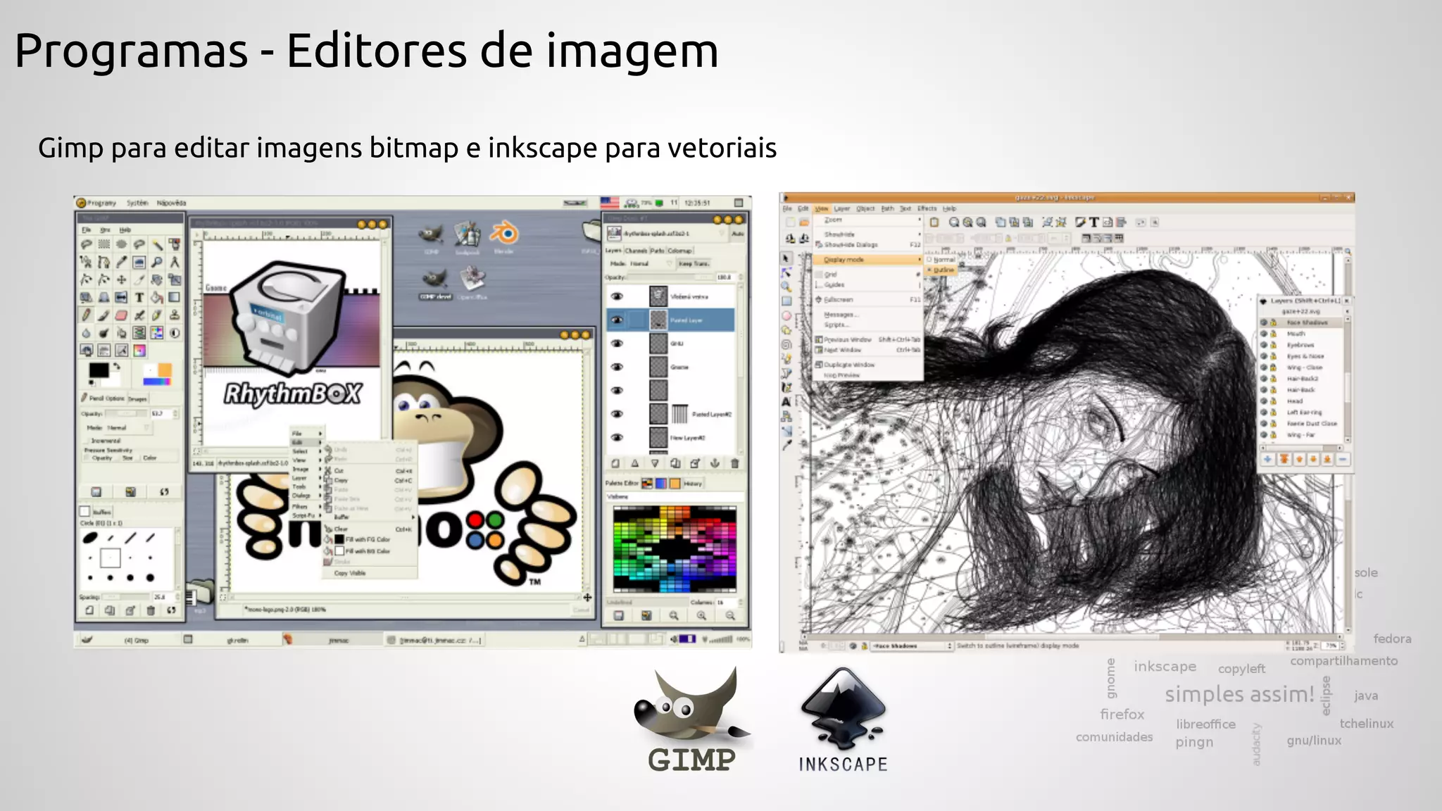 Programas - Editores de imagem
Gimp para editar imagens bitmap e inkscape para vetoriais
 