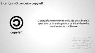 Licenças - O conceito copyleft
O copyleft é um conceito utilizado pelas licenças
open source visando garantir os a liberdade dos
usuários sobre o software
copyleft
 