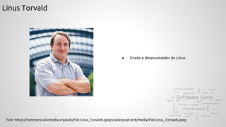 Linus Torvald
● Criado e desenvolvedor do Linux
foto: https://commons.wikimedia.org/wiki/File:Linus_Torvalds.jpeg?uselang=pt-br#/media/File:Linus_Torvalds.jpeg
 