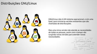 Distribuições GNU/Linux
GNU/Linux não é UM sistema operacional, e sim uma
base, para inúmeras versões existentes que são
chamadas de distribuições.
Mas uma única versão não atende as necessidades
de todas as pessoas, assim com o tempo vão
surgindo novas versões para atender novas
necessidades.
 