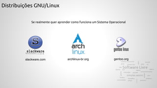 Distribuições GNU/Linux
Se realmente quer aprender como funciona um Sistema Operacional
gentoo.orgslackware.com archlinux-br.org
 