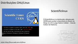 Distribuições GNU/Linux
Scientificlinux
O Scientificlinux é a distribuição utilizada pelo
CERN para auxiliar a descoberta do Boson de
Rings no LHC (Large Hadron Collider – Grande
Colisor de Hádrons)
visite: http://linux.web.cern.ch/linux
 