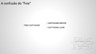 A confusão do “free”
= SOFTWARE GRÁTIS
= SOFTWARE LIVRE
FREE SOFTWARE
 