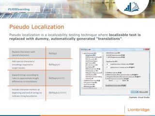 Pseudo Localization
Pseudo localization is a localizability testing technique where localizable text is
replaced with dumm...
