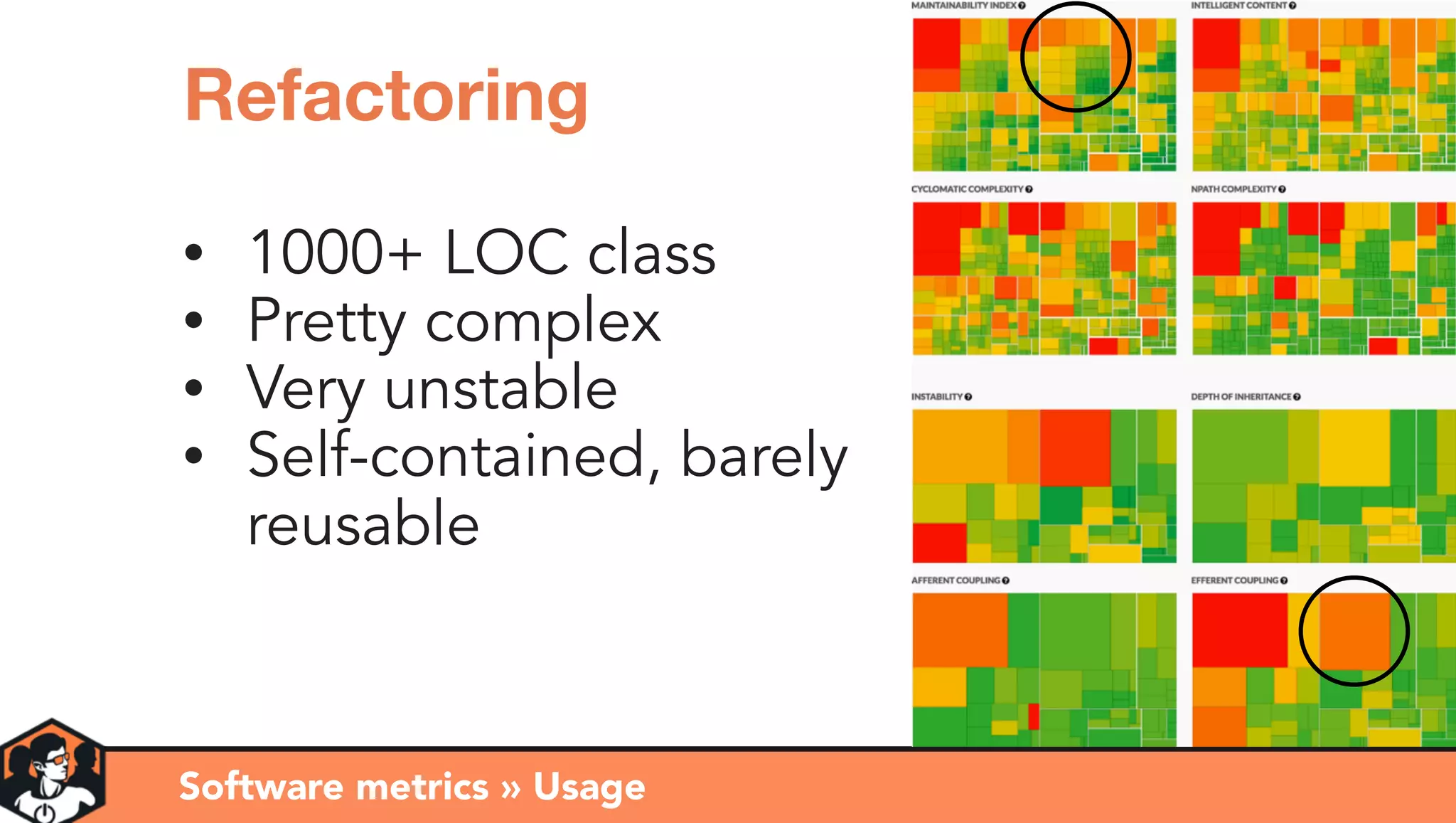 Software metrics » Usage
Refactoring
• 1000+ LOC class
• Pretty complex
• Very unstable
• Self-contained, barely
reusable
 