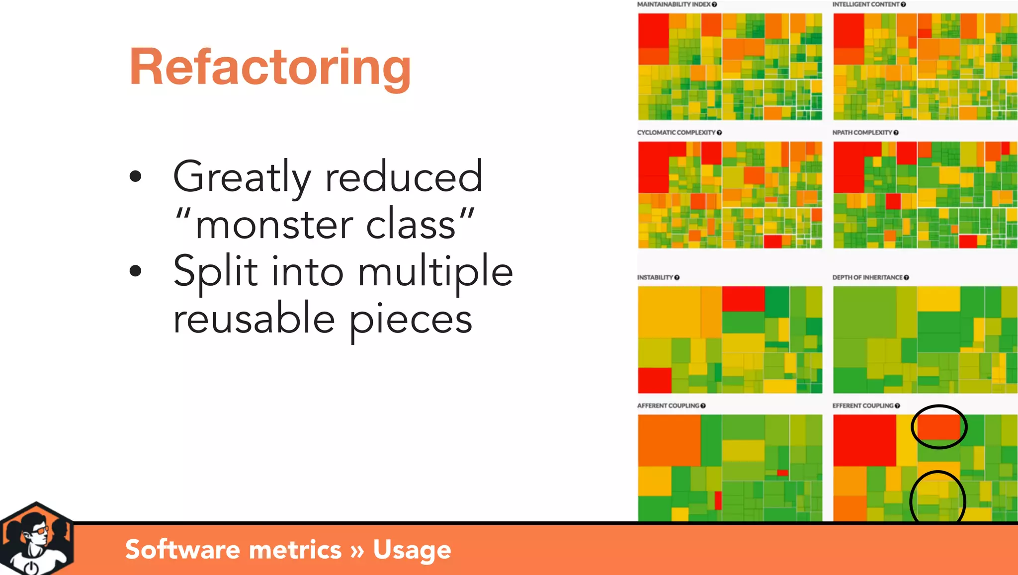 Software metrics » Observations
Refactoring
• Greatly reduced
“monster class”
• Split into multiple
reusable pieces
Software metrics » Usage
 
