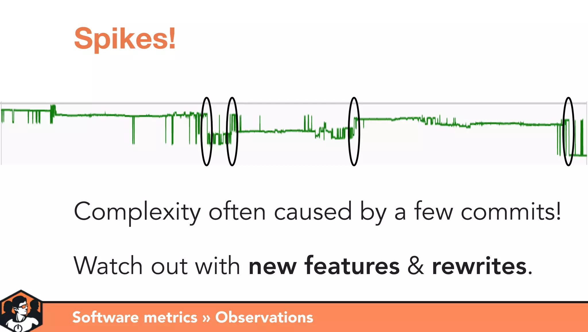 Complexity often caused by a few commits!
Watch out with new features & rewrites.
Software metrics » Observations
Spikes!
 