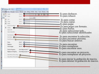 Es para deshacer.
Es para rehacer.
Es para cortar.
Es para copiar.
Es para pegar.
Es para pegar con formato.
Es para borrar.
Es para seleccionar todo.
Es para seleccionar identificador.
Es para encontrar la selección.
Es para encontrar próxima.
Es para buscar anterior.
Es para encontrar.
Es para reemplazar.
Es para encontrar usos.
Es para encontrar un proyecto.
Es para reemplazar un proyecto.
Es para iniciar la grabación de macros.
Es para detener la grabación de macros.
 