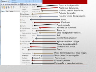Proyecto de depuración.
Archivo de depuración.
Archivo teste de depuración.
Adjuntar depurador.
Finalizar sesión de depuración.
Pausa.
Continuar.
Paso terminado.
Paso más de expresión.
Entrar en.
Entra en el próximo método.
Salir.
Ejecutar hasta el cursor
Aplicar cambio de código.
Tomar instantánea GUI.
Establecer hilo actual.
Stack.
Punto de interrupción de línea Toggle.
Nuevo punto de interrupción.
Nuevo reloj.
Evaluar expresión.
Compruebe si hay estancamiento
 