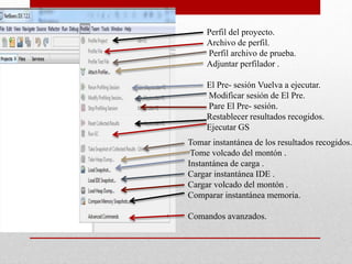 Perfil del proyecto.
Archivo de perfil.
Perfil archivo de prueba.
Adjuntar perfilador .
El Pre- sesión Vuelva a ejecutar.
Modificar sesión de El Pre.
Pare El Pre- sesión.
Restablecer resultados recogidos.
Ejecutar GS
Tomar instantánea de los resultados recogidos.
Tome volcado del montón .
Instantánea de carga .
Cargar instantánea IDE .
Cargar volcado del montón .
Comparar instantánea memoria.
Comandos avanzados.
 