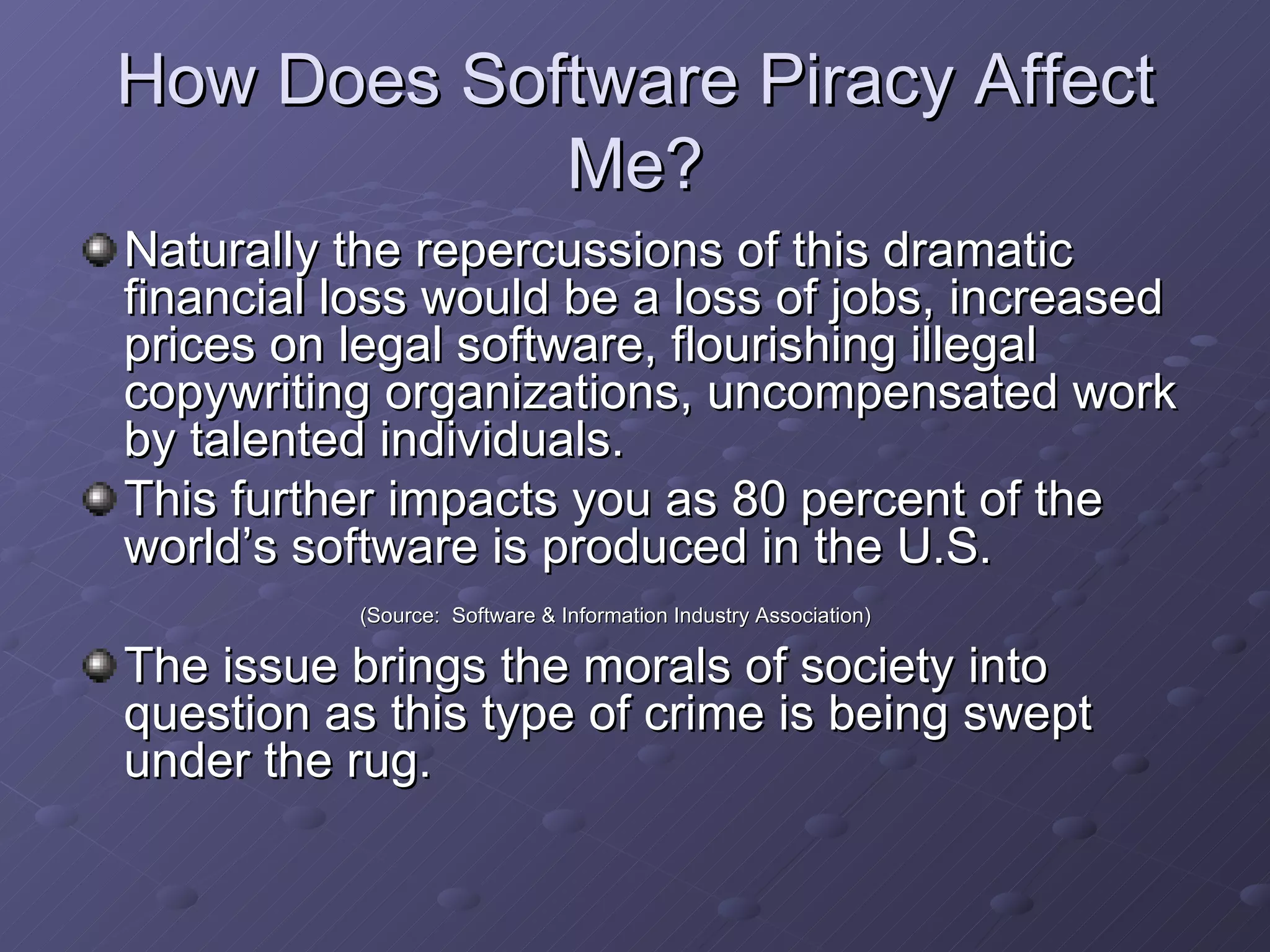 How Does Software Piracy Affect Me? Naturally the repercussions of this dramatic financial loss would be a loss of jobs, increased prices on legal software, flourishing illegal copywriting organizations, uncompensated work by talented individuals. This further impacts you as 80 percent of the world’s software is produced in the U.S.  (Source:  Software & Information Industry Association)  The issue brings the morals of society into question as this type of crime is being swept under the rug.  