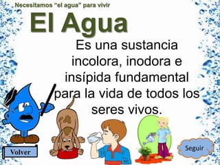 Necesitamos “el agua” para vivir
El Agua
Es una sustancia
incolora, inodora e
insípida fundamental
para la vida de todos los
seres vivos.
Volver
Seguir
 