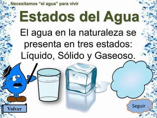 Necesitamos “el agua” para vivir
Estados del Agua
El agua en la naturaleza se
presenta en tres estados:
Líquido, Sólido y Gaseoso.
Volver
Seguir
 