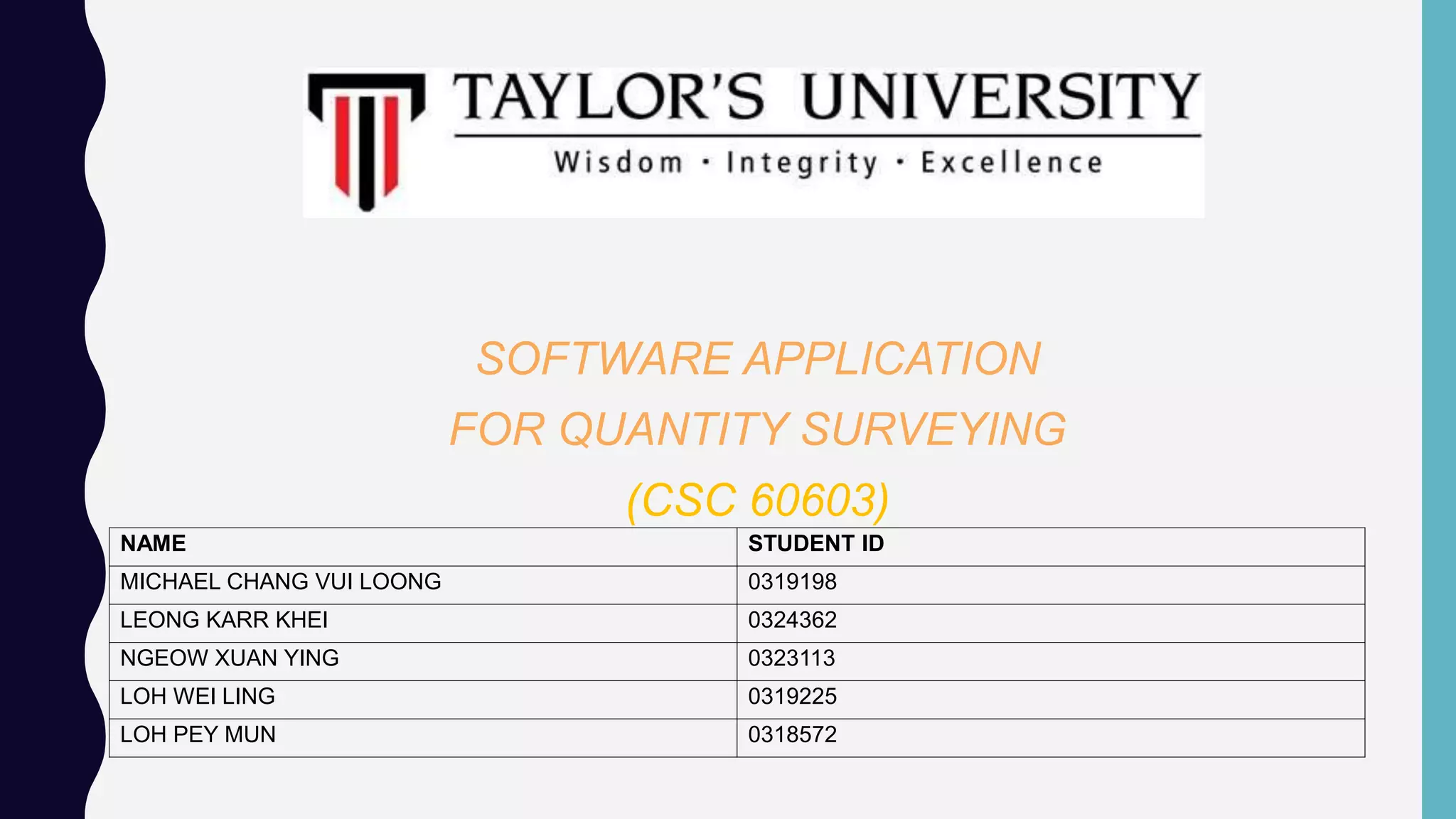 SOFTWARE APPLICATION
FOR QUANTITY SURVEYING
(CSC 60603)
NAME STUDENT ID
MICHAEL CHANG VUI LOONG 0319198
LEONG KARR KHEI 0324362
NGEOW XUAN YING 0323113
LOH WEI LING 0319225
LOH PEY MUN 0318572
 