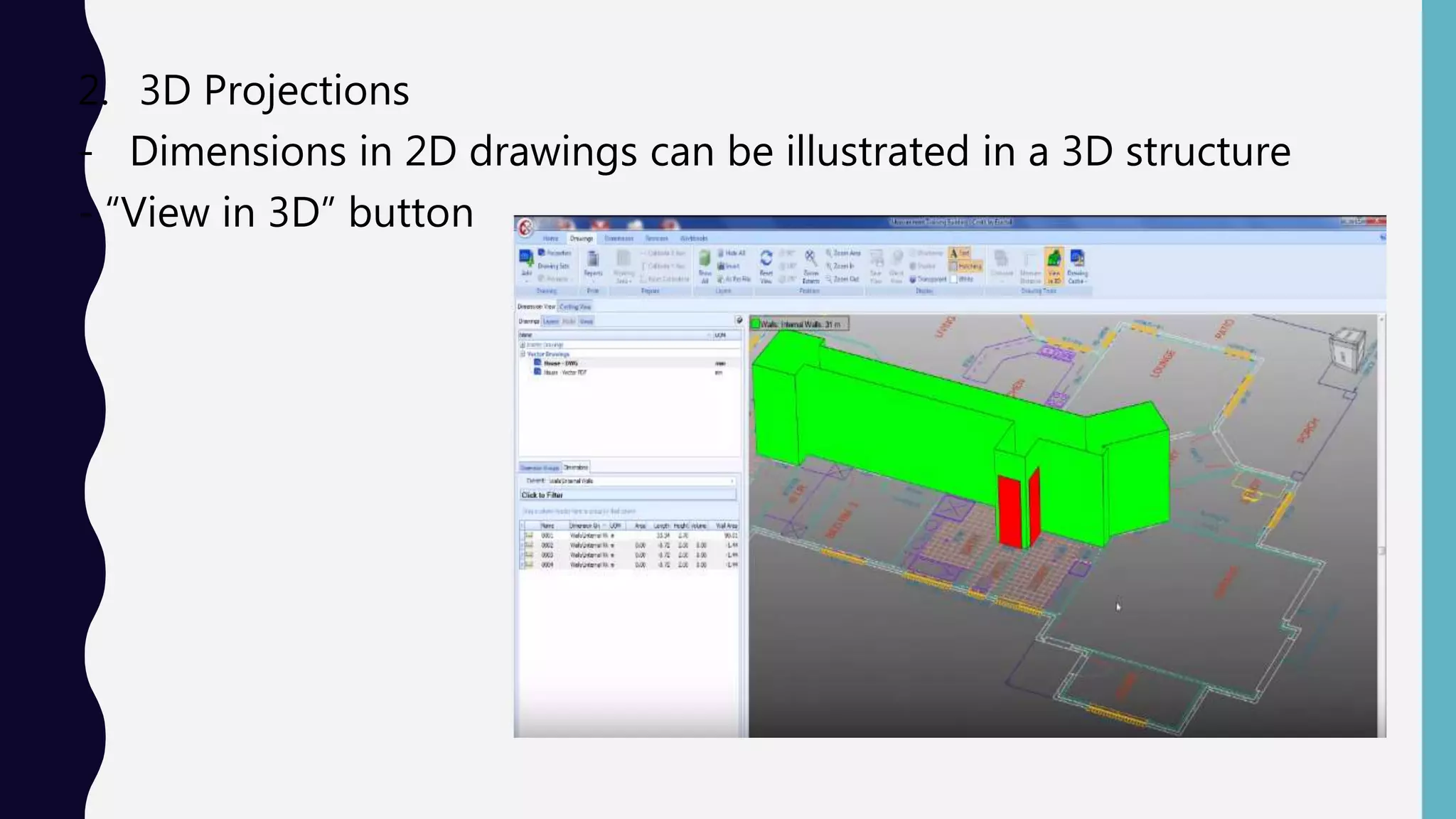 2. 3D Projections
- Dimensions in 2D drawings can be illustrated in a 3D structure
- “View in 3D” button
 