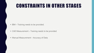 CONSTRAINTS IN OTHER STAGES
• BIM – Training needs to be provided.
• CAD Measurement – Training needs to be provided.
• Manual Measurement – Accuracy of Data
 