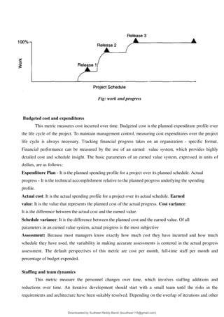 Fig: work and progress
Budgeted cost and expenditures
This metric measures cost incurred over time. Budgeted cost is the planned expenditure profile over
the life cycle of the project. To maintain management control, measuring cost expenditures over the project
life cycle is always necessary. Tracking financial progress takes on an organization - specific format.
Financial performance can be measured by the use of an earned value system, which provides highly
detailed cost and schedule insight. The basic parameters of an earned value system, expressed in units of
dollars, are as follows:
Expenditure Plan - It is the planned spending profile for a project over its planned schedule. Actual
progress - It is the technical accomplishment relative to the planned progress underlying the spending
profile.
Actual cost: It is the actual spending profile for a project over its actual schedule. Earned
value: It is the value that represents the planned cost of the actual progress. Cost variance:
It is the difference between the actual cost and the earned value.
Schedule variance: It is the difference between the planned cost and the earned value. Of all
parameters in an earned value system, actual progress is the most subjective
Assessment: Because most managers know exactly how much cost they have incurred and how much
schedule they have used, the variability in making accurate assessments is centered in the actual progress
assessment. The default perspectives of this metric are cost per month, full-time staff per month and
percentage of budget expended.
Staffing and team dynamics
This metric measure the personnel changes over time, which involves staffing additions and
reductions over time. An iterative development should start with a small team until the risks in the
requirements and architecture have been suitably resolved. Depending on the overlap of iterations and other
Downloaded by Sudheer Reddy Bandi (bsudheer115@gmail.com)
lOMoARcPSD|9267507
 