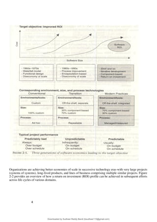 4
0
Organizations are achieving better economies of scale in successive technology eras-with very large projects
(systems of systems), long-lived products, and lines of business comprising multiple similar projects. Figure
2-2 provides an overview of how a return on investment (ROI) profile can be achieved in subsequent efforts
across life cycles of various domains.
Downloaded by Sudheer Reddy Bandi (bsudheer115@gmail.com)
lOMoARcPSD|9267507
 