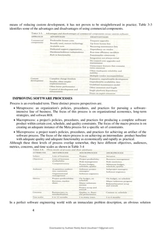 4
6
means of reducing custom development, it has not proven to be straightforward in practice. Table 3-3
identifies some of the advantages and disadvantages of using commercial components.
IMPROVING SOFTWARE PROCESSES
Process is an overloaded term. Three distinct process perspectives are.
 Metaprocess: an organization's policies, procedures, and practices for pursuing a software-
intensive line of business. The focus of this process is on organizational economics, long-term
strategies, and software ROI.
 Macroprocess: a project's policies, procedures, and practices for producing a complete software
product within certain cost, schedule, and quality constraints. The focus of the macro process is on
creating an adequate instance of the Meta process for a specific set of constraints.
 Microprocess: a project team's policies, procedures, and practices for achieving an artifact of the
software process. The focus of the micro process is on achieving an intermediate product baseline
with adequate quality and adequate functionality as economically and rapidly as practical.
Although these three levels of process overlap somewhat, they have different objectives, audiences,
metrics, concerns, and time scales as shown in Table 3-4
In a perfect software engineering world with an immaculate problem description, an obvious solution
Downloaded by Sudheer Reddy Bandi (bsudheer115@gmail.com)
lOMoARcPSD|9267507
 