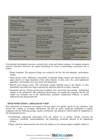 4
9
Conventional development processes stressed early sizing and timing estimates of computer program
resource utilization. However, the typical chronology of events in performance assessment was as
follows
Project inception. The proposed design was asserted to be low risk with adequate performance
margin.
Initial design review. Optimistic assessments of adequate design margin were based mostly on
paper analysis or rough simulation of the critical threads. In most cases, the actual application
algorithms and database sizes were fairly well understood.
Mid-life-cycle design review. The assessments started whittling away at the margin, as early
benchmarks and initial tests began exposing the optimism inherent in earlier estimates.
Integration and test. Serious performance problems were uncovered, necessitating fundamental
changes in the architecture. The underlying infrastructure was usually the scapegoat, but the real
culprit was immature use of the infrastructure, immature architectural solutions, or poorly
understood early design trade-offs.
PEER INSPECTIONS: A PRAGMATICVIEW
Peer inspections are frequently over hyped as the key aspect of a quality system. In my experience, peer
reviews are valuable as secondary mechanisms, but they are rarely significant contributors to quality
compared with the following primary quality mechanisms and indicators, which should be emphasized in
the management process:
 Transitioning engineering information from one artifact set to another, thereby assessing the
consistency, feasibility, understandability, and technology constraints inherent in the engineering
artifacts
 Major milestone demonstrations that force the artifacts to be assessed against tangible criteria in
Downloaded by Sudheer Reddy Bandi (bsudheer115@gmail.com)
lOMoARcPSD|9267507
 