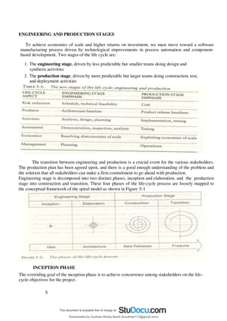 5
5
ENGINEERING AND PRODUCTION STAGES
To achieve economies of scale and higher returns on investment, we must move toward a software
manufacturing process driven by technological improvements in process automation and component-
based development. Two stages of the life cycle are:
1. The engineering stage, driven by less predictable but smaller teams doing design and
synthesis activities
2. The production stage, driven by more predictable but larger teams doing construction, test,
and deployment activities
The transition between engineering and production is a crucial event for the various stakeholders.
The production plan has been agreed upon, and there is a good enough understanding of the problem and
the solution that all stakeholders can make a firm commitment to go ahead with production.
Engineering stage is decomposed into two distinct phases, inception and elaboration, and the production
stage into construction and transition. These four phases of the life-cycle process are loosely mapped to
the conceptual framework of the spiral model as shown in Figure 5-1
INCEPTION PHASE
The overriding goal of the inception phase is to achieve concurrence among stakeholders on the life-
cycle objectives for the project.
Downloaded by Sudheer Reddy Bandi (bsudheer115@gmail.com)
lOMoARcPSD|9267507
 