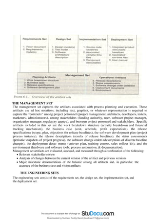 THE MANAGEMENT SET
The management set captures the artifacts associated with process planning and execution. These
artifacts use ad hoc notations, including text, graphics, or whatever representation is required to
capture the "contracts" among project personnel (project management, architects, developers, testers,
marketers, administrators), among stakeholders (funding authority, user, software project manager,
organization manager, regulatory agency), and between project personnel and stakeholders. Specific
artifacts included in this set are the work breakdown structure (activity breakdown and financial
tracking mechanism), the business case (cost, schedule, profit expectations), the release
specifications (scope, plan, objectives for release baselines), the software development plan (project
process instance), the release descriptions (results of release baselines), the status assessments
(periodic snapshots of project progress), the software change orders (descriptions of discrete baseline
changes), the deployment docu- ments (cutover plan, training course, sales rollout kit), and the
environment (hardware and software tools, process automation, & documentation).
Management set artifacts are evaluated, assessed, and measured through a combination of the following:
 Relevant stakeholder review
 Analysis of changes between the current version of the artifact and previous versions
 Major milestone demonstrations of the balance among all artifacts and, in particular, the
accuracy of the business case and vision artifacts
THE ENGINEERING SETS
The engineering sets consist of the requirements set, the design set, the implementation set, and
the deployment set.
Downloaded by Sudheer Reddy Bandi (bsudheer115@gmail.com)
lOMoARcPSD|9267507
 
