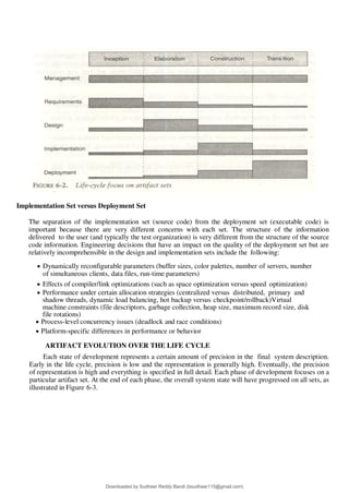 Implementation Set versus Deployment Set
The separation of the implementation set (source code) from the deployment set (executable code) is
important because there are very different concerns with each set. The structure of the information
delivered to the user (and typically the test organization) is very different from the structure of the source
code information. Engineering decisions that have an impact on the quality of the deployment set but are
relatively incomprehensible in the design and implementation sets include the following:
 Dynamically reconfigurable parameters (buffer sizes, color palettes, number of servers, number
of simultaneous clients, data files, run-time parameters)
 Effects of compiler/link optimizations (such as space optimization versus speed optimization)
 Performance under certain allocation strategies (centralized versus distributed, primary and
shadow threads, dynamic load balancing, hot backup versus checkpoint/rollback)Virtual
machine constraints (file descriptors, garbage collection, heap size, maximum record size, disk
file rotations)
 Process-level concurrency issues (deadlock and race conditions)
 Platform-specific differences in performance or behavior
ARTIFACT EVOLUTION OVER THE LIFE CYCLE
Each state of development represents a certain amount of precision in the final system description.
Early in the life cycle, precision is low and the representation is generally high. Eventually, the precision
of representation is high and everything is specified in full detail. Each phase of development focuses on a
particular artifact set. At the end of each phase, the overall system state will have progressed on all sets, as
illustrated in Figure 6-3.
Downloaded by Sudheer Reddy Bandi (bsudheer115@gmail.com)
lOMoARcPSD|9267507
 