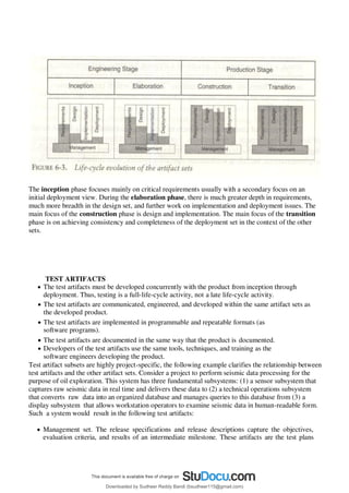 The inception phase focuses mainly on critical requirements usually with a secondary focus on an
initial deployment view. During the elaboration phase, there is much greater depth in requirements,
much more breadth in the design set, and further work on implementation and deployment issues. The
main focus of the construction phase is design and implementation. The main focus of the transition
phase is on achieving consistency and completeness of the deployment set in the context of the other
sets.
TEST ARTIFACTS
 The test artifacts must be developed concurrently with the product from inception through
deployment. Thus, testing is a full-life-cycle activity, not a late life-cycle activity.
 The test artifacts are communicated, engineered, and developed within the same artifact sets as
the developed product.
 The test artifacts are implemented in programmable and repeatable formats (as
software programs).
 The test artifacts are documented in the same way that the product is documented.
 Developers of the test artifacts use the same tools, techniques, and training as the
software engineers developing the product.
Test artifact subsets are highly project-specific, the following example clarifies the relationship between
test artifacts and the other artifact sets. Consider a project to perform seismic data processing for the
purpose of oil exploration. This system has three fundamental subsystems: (1) a sensor subsystem that
captures raw seismic data in real time and delivers these data to (2) a technical operations subsystem
that converts raw data into an organized database and manages queries to this database from (3) a
display subsystem that allows workstation operators to examine seismic data in human-readable form.
Such a system would result in the following test artifacts:
 Management set. The release specifications and release descriptions capture the objectives,
evaluation criteria, and results of an intermediate milestone. These artifacts are the test plans
Downloaded by Sudheer Reddy Bandi (bsudheer115@gmail.com)
lOMoARcPSD|9267507
 