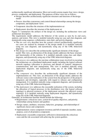 architecturally significant information. Most real-world systems require four views: design,
process, component, and deployment. The purposes of these views are as follows:
 Design: describes architecturally significant structures and functions of the design
model
 Process: describes concurrency and control thread relationships among the design,
component, and deployment views
 Component: describes the structure of the implementation set
 Deployment: describes the structure of the deployment set
Figure 7-1 summarizes the artifacts of the design set, including the architecture views and
architecture description.
The requirements model addresses the behavior of the system as seen by its end users,
analysts, and testers. This view is modeled statically using use case and class diagrams, and
dynamically using sequence, collaboration, state chart, and activity diagrams.
 The use case view describes how the system's critical (architecturally significant)
use cases are realized by elements of the design model. It is modeled statically
using use case diagrams, and dynamically using any of the UML behavioral
diagrams.
 The design view describes the architecturally significant elements of the design
model. This view, an abstraction of the design model, addresses the basic structure
and functionality of the solution. It is modeled statically using class and object
diagrams, and dynamically using any of the UML behavioral diagrams.
 The process view addresses the run-time collaboration issues involved in executing
the architecture on a distributed deployment model, including the logical software
network topology (allocation to processes and threads of control), interprocess
communication, and state management. This view is modeled statically using
deployment diagrams, and dynamically using any of the UML behavioral
diagrams.
 The component view describes the architecturally significant elements of the
implementation set. This view, an abstraction of the design model, addresses the
software source code realization of the system from the perspective of the project's
integrators and developers, especially with regard to releases and configuration
management. It is modeled statically using component diagrams, and dynamically
using any of the UML behavioral diagrams.
 The deployment view addresses the executable realization of the system, including
the allocation of logical processes in the distribution view (the logical software
topology) to physical resources of the deployment network (the physical system
topology). It is modeled statically using deployment diagrams, and dynamically
using any of the UML behavioral diagrams.
Generally, an architecture baseline should include the following:
 Requirements: critical use cases, system-level quality objectives, and priority
relationships among features and qualities
 Design: names, attributes, structures, behaviors, groupings, and relationships of
significant classes and components
 Implementation: source component inventory and bill of materials (number, name,
purpose, cost) of all primitive components
 Deployment: executable components sufficient to demonstrate the critical use
cases and the risk associated with achieving the system qualities
Downloaded by Sudheer Reddy Bandi (bsudheer115@gmail.com)
lOMoARcPSD|9267507
 