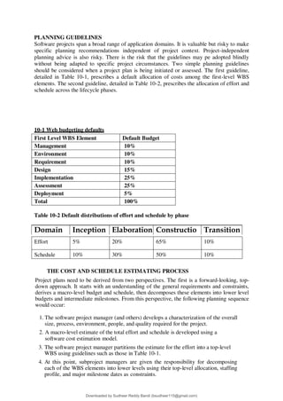 PLANNING GUIDELINES
Software projects span a broad range of application domains. It is valuable but risky to make
specific planning recommendations independent of project context. Project-independent
planning advice is also risky. There is the risk that the guidelines may pe adopted blindly
without being adapted to specific project circumstances. Two simple planning guidelines
should be considered when a project plan is being initiated or assessed. The first guideline,
detailed in Table 10-1, prescribes a default allocation of costs among the first-level WBS
elements. The second guideline, detailed in Table 10-2, prescribes the allocation of effort and
schedule across the lifecycle phases.
10-1 Web budgeting defaults
First Level WBS Element Default Budget
Management 10%
Environment 10%
Requirement 10%
Design 15%
Implementation 25%
Assessment 25%
Deployment 5%
Total 100%
Table 10-2 Default distributions of effort and schedule by phase
Effort 5% 20% 65% 10%
Schedule 10% 30% 50% 10%
THE COST AND SCHEDULE ESTIMATING PROCESS
Project plans need to be derived from two perspectives. The first is a forward-looking, top-
down approach. It starts with an understanding of the general requirements and constraints,
derives a macro-level budget and schedule, then decomposes these elements into lower level
budgets and intermediate milestones. From this perspective, the following planning sequence
would occur:
1. The software project manager (and others) develops a characterization of the overall
size, process, environment, people, and quality required for the project.
2. A macro-level estimate of the total effort and schedule is developed using a
software cost estimation model.
3. The software project manager partitions the estimate for the effort into a top-level
WBS using guidelines such as those in Table 10-1.
4. At this point, subproject managers are given the responsibility for decomposing
each of the WBS elements into lower levels using their top-level allocation, staffing
profile, and major milestone dates as constraints.
Domain Inception Elaboration Constructio
n
Transition
Downloaded by Sudheer Reddy Bandi (bsudheer115@gmail.com)
lOMoARcPSD|9267507
 