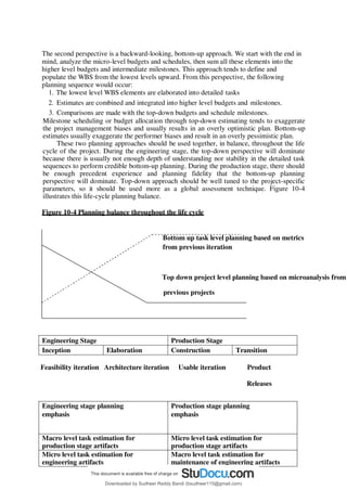 The second perspective is a backward-looking, bottom-up approach. We start with the end in
mind, analyze the micro-level budgets and schedules, then sum all these elements into the
higher level budgets and intermediate milestones. This approach tends to define and
populate the WBS from the lowest levels upward. From this perspective, the following
planning sequence would occur:
1. The lowest level WBS elements are elaborated into detailed tasks
2. Estimates are combined and integrated into higher level budgets and milestones.
3. Comparisons are made with the top-down budgets and schedule milestones.
Milestone scheduling or budget allocation through top-down estimating tends to exaggerate
the project management biases and usually results in an overly optimistic plan. Bottom-up
estimates usually exaggerate the performer biases and result in an overly pessimistic plan.
These two planning approaches should be used together, in balance, throughout the life
cycle of the project. During the engineering stage, the top-down perspective will dominate
because there is usually not enough depth of understanding nor stability in the detailed task
sequences to perform credible bottom-up planning. During the production stage, there should
be enough precedent experience and planning fidelity that the bottom-up planning
perspective will dominate. Top-down approach should be well tuned to the project-specific
parameters, so it should be used more as a global assessment technique. Figure 10-4
illustrates this life-cycle planning balance.
Figure 10-4 Planning balance throughout the life cycle
Bottom up task level planning based on metrics
from previous iteration
Top down project level planning based on microanalysis from
previous projects
Engineering Stage Production Stage
Inception Elaboration Construction Transition
Feasibility iteration Architecture iteration Usable iteration Product
Releases
Engineering stage planning
emphasis
Production stage planning
emphasis
Macro level task estimation for
production stage artifacts
Micro level task estimation for
production stage artifacts
Micro level task estimation for
engineering artifacts
Macro level task estimation for
maintenance of engineering artifacts
Downloaded by Sudheer Reddy Bandi (bsudheer115@gmail.com)
lOMoARcPSD|9267507
 