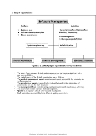 2) Project organizations:
• The above figure shows a default project organization and maps project-level roles
and responsibilities.
• The main features of the default organization are as follows:
• The project management team is an active participant, responsible for producing as
well as managing.
• The architecture team is responsible for real artifacts and for the integration of
components, not just for staff functions.
• The development team owns the component construction and maintenance activities.
• The assessment team is separate from development.
• Quality is everyone9s into all activities and checkpoints.
• Each team takes responsibility for a different quality perspective.
Figure11-2.Defaultprojectorganization andresponsibilities
Software Assessment
Software Development
Software Architecture
Administration
System engineering
Customerinterface,PRA interface
Planning, monitoring
Risk management
Softwareprocessdefinition
Process improvement
 Business case
 Softwaredevelopmentplan
 Status assessments
Software Management
Artifacts Activities
Downloaded by Sudheer Reddy Bandi (bsudheer115@gmail.com)
lOMoARcPSD|9267507
 