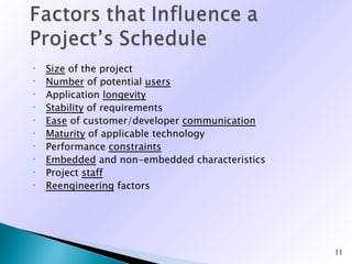 •   Size of the project
•   Number of potential users
•   Application longevity
•   Stability of requirements
•   Ease of customer/developer communication
•   Maturity of applicable technology
•   Performance constraints
•   Embedded and non-embedded characteristics
•   Project staff
•   Reengineering factors




                                                11
 