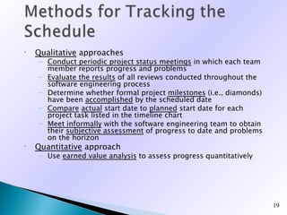 •   Qualitative approaches
    – Conduct periodic project status meetings in which each team
      member reports progress and problems
    – Evaluate the results of all reviews conducted throughout the
      software engineering process
    – Determine whether formal project milestones (i.e., diamonds)
      have been accomplished by the scheduled date
    – Compare actual start date to planned start date for each
      project task listed in the timeline chart
    – Meet informally with the software engineering team to obtain
      their subjective assessment of progress to date and problems
      on the horizon
•   Quantitative approach
    – Use earned value analysis to assess progress quantitatively




                                                                     19
 