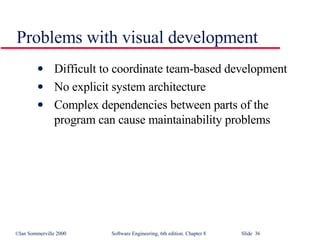 Problems with visual development Difficult to coordinate team-based development No explicit system architecture Complex dependencies between parts of the program can cause maintainability problems 