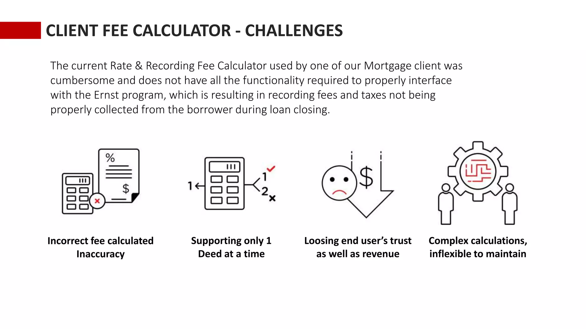 CLIENT FEE CALCULATOR - CHALLENGES
The current Rate & Recording Fee Calculator used by one of our Mortgage client was
cumbersome and does not have all the functionality required to properly interface
with the Ernst program, which is resulting in recording fees and taxes not being
properly collected from the borrower during loan closing.
Incorrect fee calculated
Inaccuracy
Supporting only 1
Deed at a time
Loosing end user’s trust
as well as revenue
Complex calculations,
inflexible to maintain
 