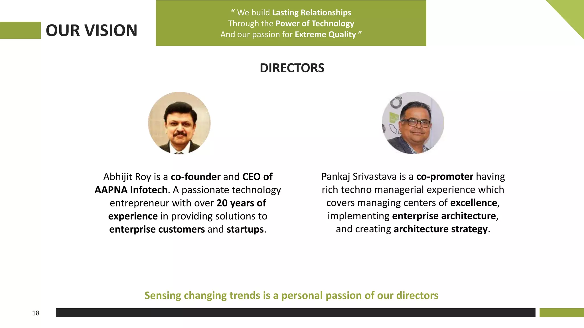 18
Abhijit Roy is a co-founder and CEO of
AAPNA Infotech. A passionate technology
entrepreneur with over 20 years of
experience in providing solutions to
enterprise customers and startups.
Sensing changing trends is a personal passion of our directors
“ We build Lasting Relationships
Through the Power of Technology
And our passion for Extreme Quality ”
DIRECTORS
OUR VISION
Pankaj Srivastava is a co-promoter having
rich techno managerial experience which
covers managing centers of excellence,
implementing enterprise architecture,
and creating architecture strategy.
 